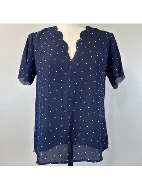 Nine Britton Blouse Womens Small Navy White Polka Dot Chiffon Scallop V-Neck Top